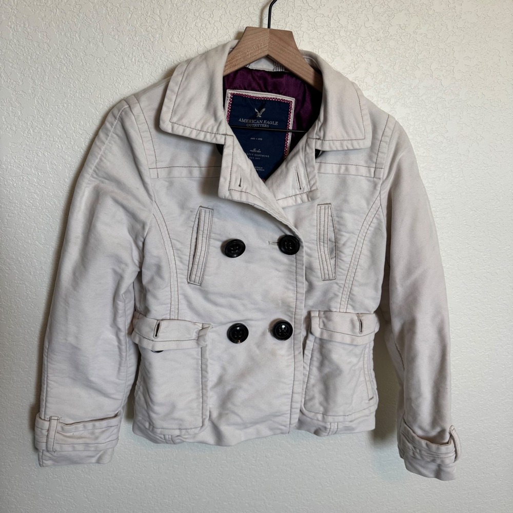 Preppy 2000s Y2K American Eagle Pea Coat Jacket Medium White